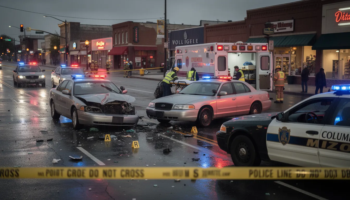Car accident scene in Columbia, Missouri with emergency vehicles